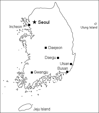 英語表記の都市名入り韓国白地図