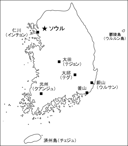日本語表記の都市名入り韓国白地図